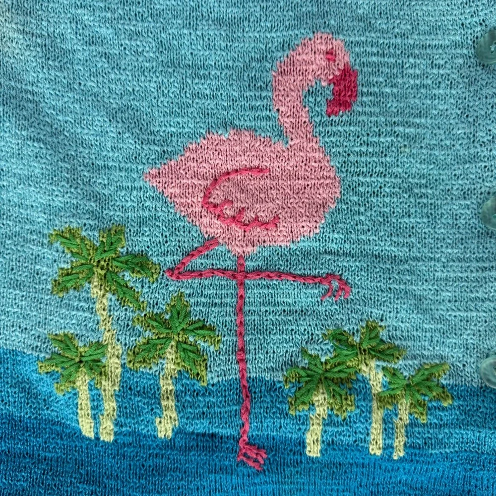 Northern Isles Flamingo Palm Tree Tropical Knit Sweater Vest Blue Womens Medium